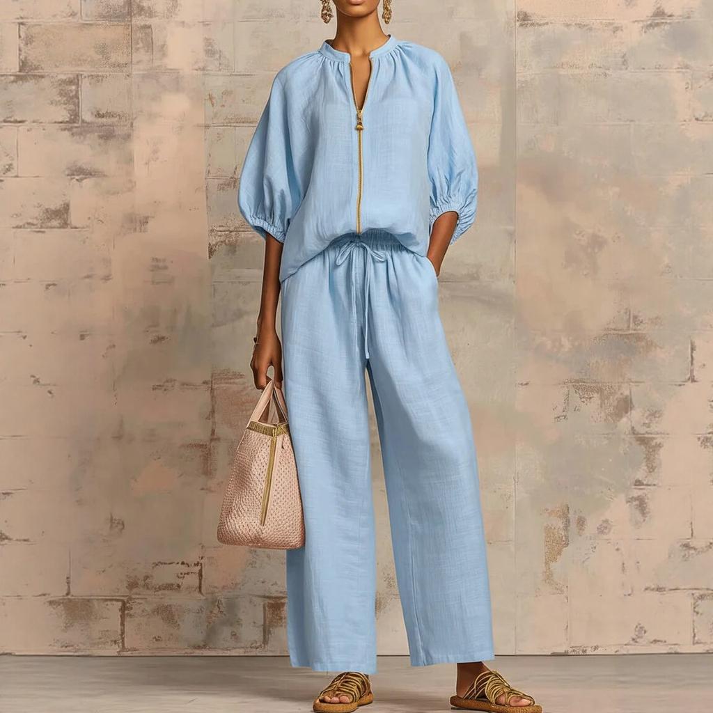 Women's Pink Short Sleeve V-Neck Zipper Front Drawstring Waist Wide Leg Pants Set