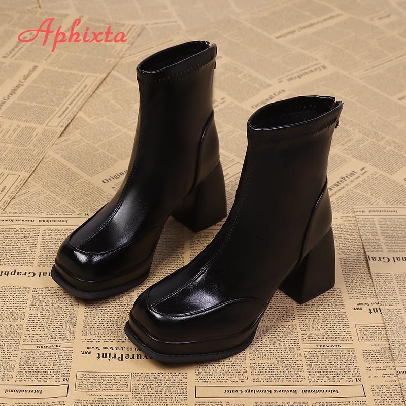 Aphixta Classic Platform Woman Ankle Boots Square Toe Back Zipper 7cm High Heels Sewing Modern Boot Autumn Winer Ladies Shoes