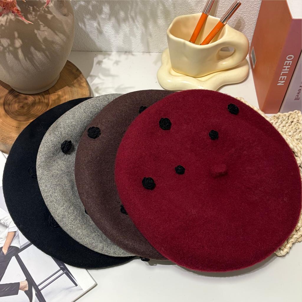French Style 3D Rose Decor Pure Wool Beret Women Autumn Spring Elegant Lady Fashion Warm Painter Hat