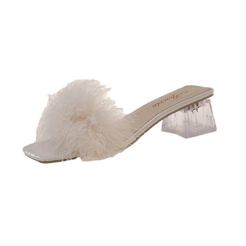 

Модные женские тапочки, новые летние женские туфли с открытым носком, плюшевые лисьи меха, массивные шлепанцы, сексуальные домашние простые туфли-лодочки с квадратным носком для банкета 42