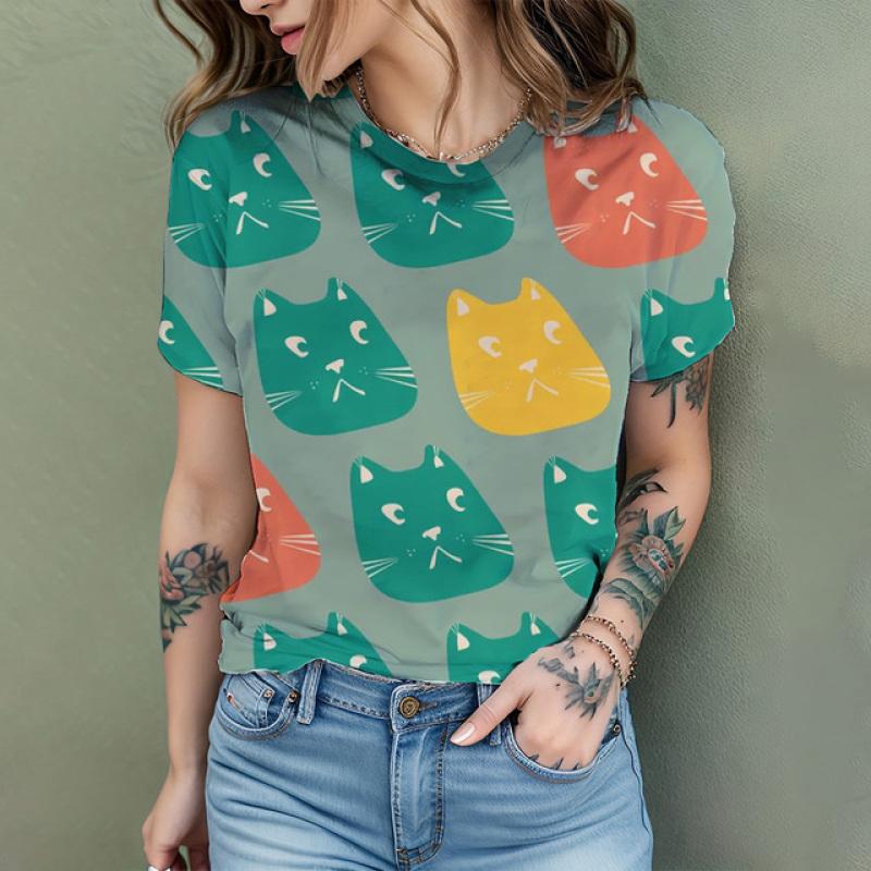 Women's T Shirt Comic Cat 3D Print Harajuku Summer Short Sleeve Top O Neck Casual Women's Oversized T Shirt Coolred Short Sleeve
