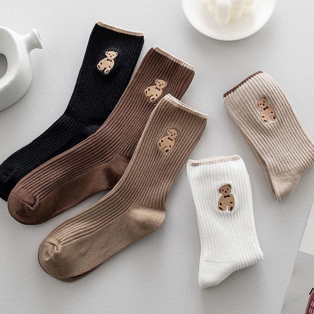 

Kawaii Animal Solid Color Female Stripe Middle Tube Socks Bear Socks Cotton Women Hosiery
