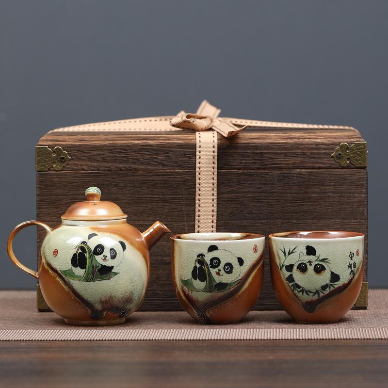Hand-painted panda tea set, light luxury outdoor travel ceramics, one pot and two cups, gifts for public relations when the company opens