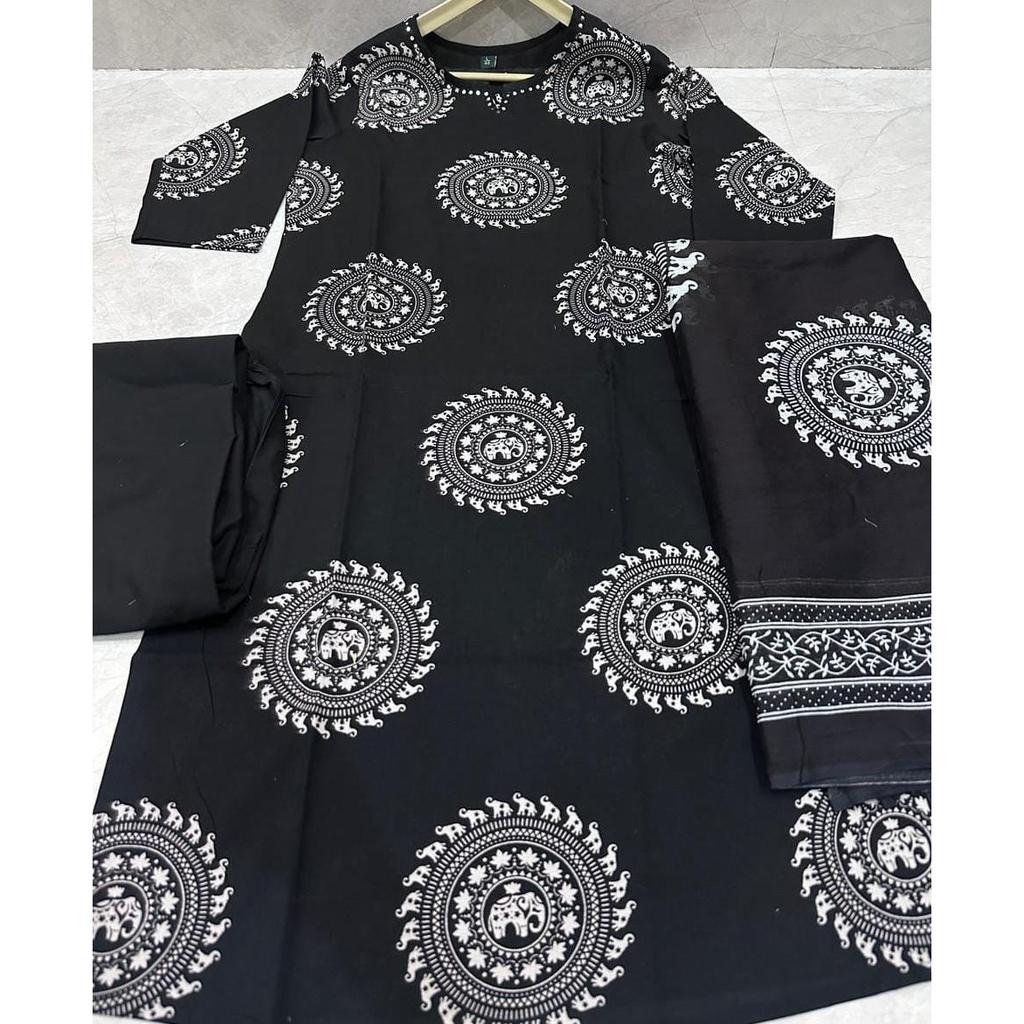 Black Pakistani Cotton Kurti Pant Dupatta Set Indian Bollywood Salwar Kameez