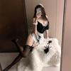 WhimsiNova Maid Cosplay Costume Moe Moe Sexy Maid Lace Leotard with Extreme for Photo and Events 5-Piece Set, Cute, Uniform, Headband, Outfit, Apron,