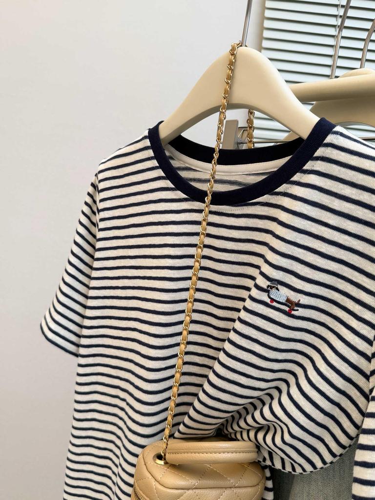 Korean Style Women's Niche Cartoon Embroidery Striped Half-Sleeve T-shirt