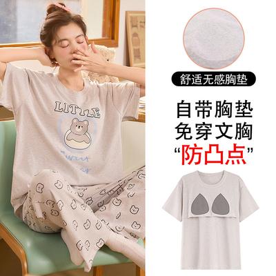 [With Chest Pad] Spring and Summer New Snowflake Cotton Women's Short-sleeved Trousers Pullover Pajamas Cartoon Casual Women's Loungewear