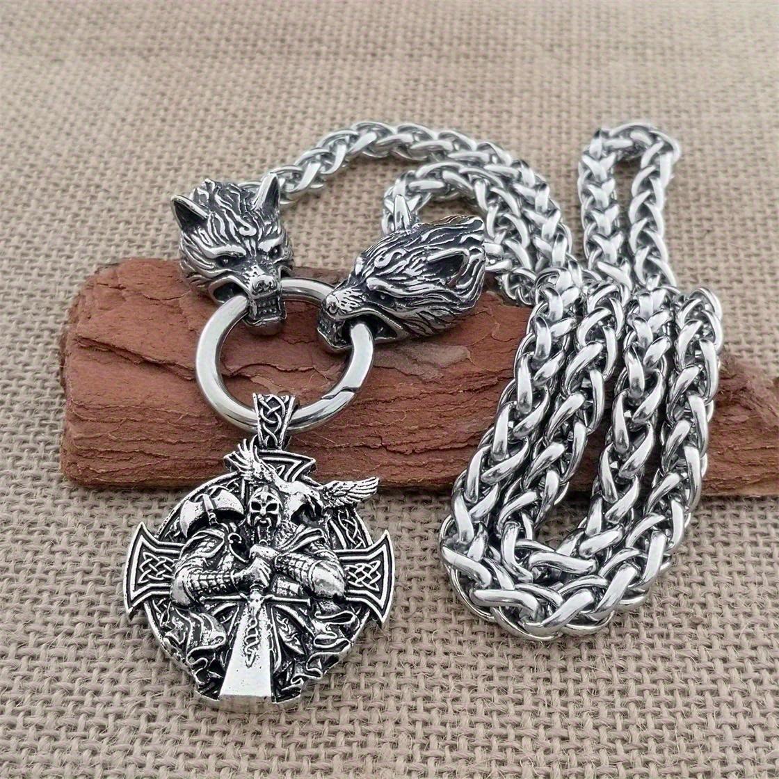 Retro Viking Crow Wolf Head Pendant Necklace, Domineering Chain Necklace, Party Jewelry Accessories Gift 23.62inch