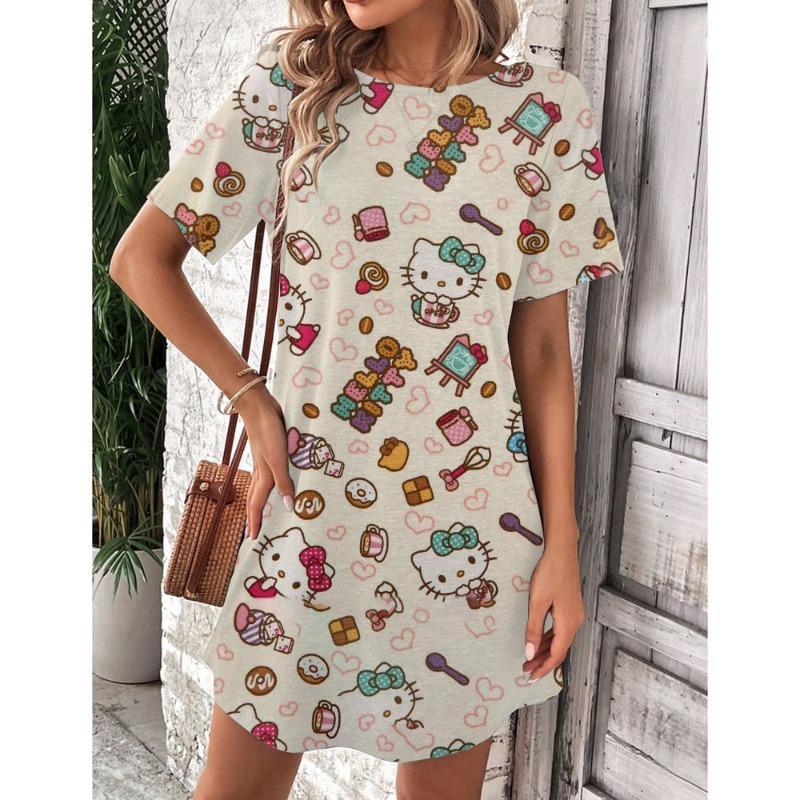 Mini Sukienka Elegancka Sukienka Damska Hello Kitty Okrągły Dekolt Krótki Rękaw Modna Lato 2025 Moda Seksowna