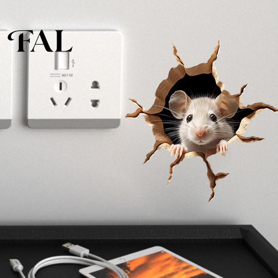 Funny Animal Wall Art Peeking Mouse Sticker, 3D Broken Hole Effect Decals, Glass Realistic Breaking Window Stickers, Removable PVC for Bedroom Living
