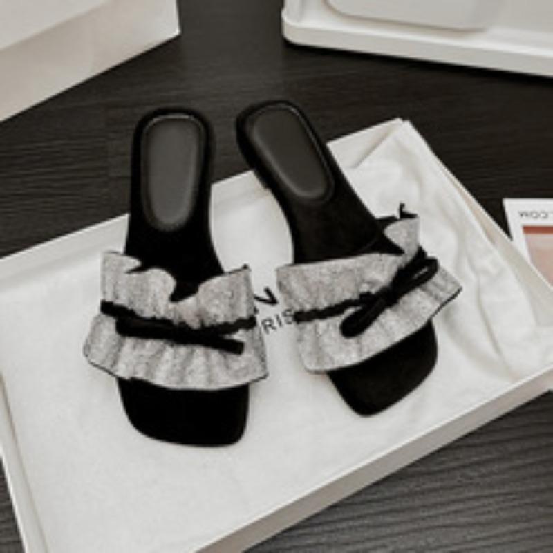 French Silver Water Diamond Bow Slippers for Women's Fashion Open Toed Flat Bottom Beach Shoes Casual Non Slip Womens Shoes