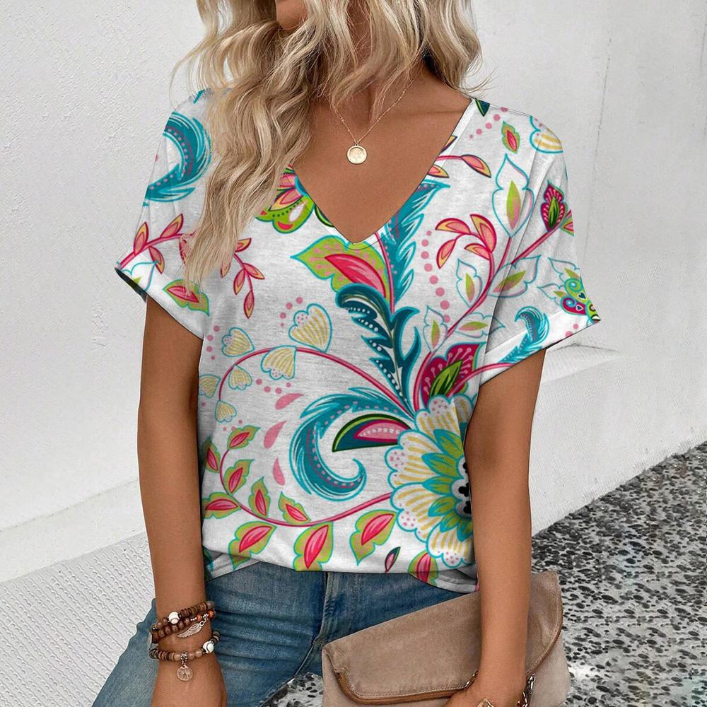 Top Women Summer Women's T-Shirt Retro Cashew Pattern Print T-Shirt Fashion Popular Women's Leisure Short Sleeve T-Shirt
