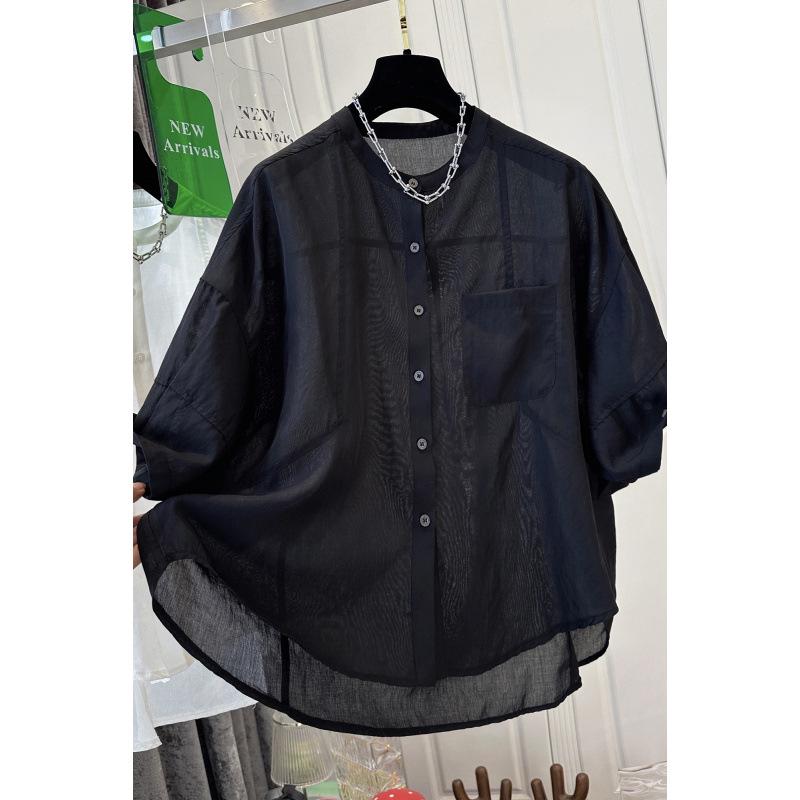 Women s Sheer Mesh Cotton-Linen Blouse - Lightweight, Short-Sleeved, Elegant Summer 2026 Shirt Medium