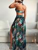 Charming Leaf Print Slit Knot Long Dress Halter Two Piece Bikini Swimsuit For Vacation