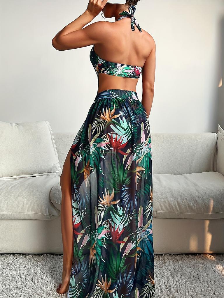 Charming Leaf Print Slit Knot Long Dress Halter Two Piece Bikini Swimsuit For Vacation