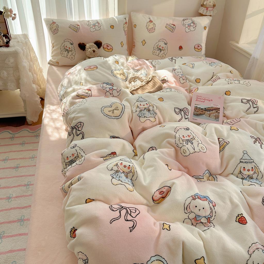 Cartoon Cute Double-Sided Fleece Thickened Milk Fleece Four-Piece Set, Student Dormitory Three-Piece Set, Bedding