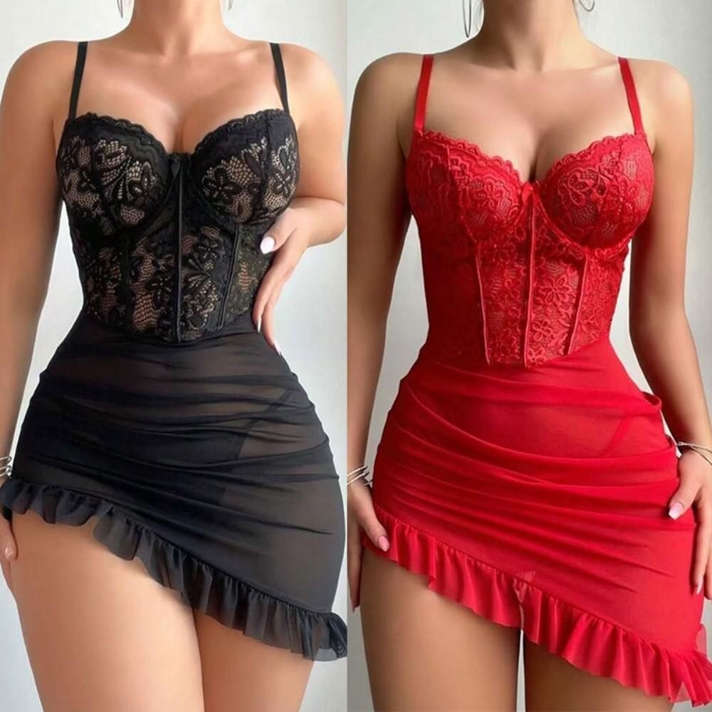 Bodysuit Transparent Lingerie Set Lace Push Up Bra Sexy Night Dress For Women