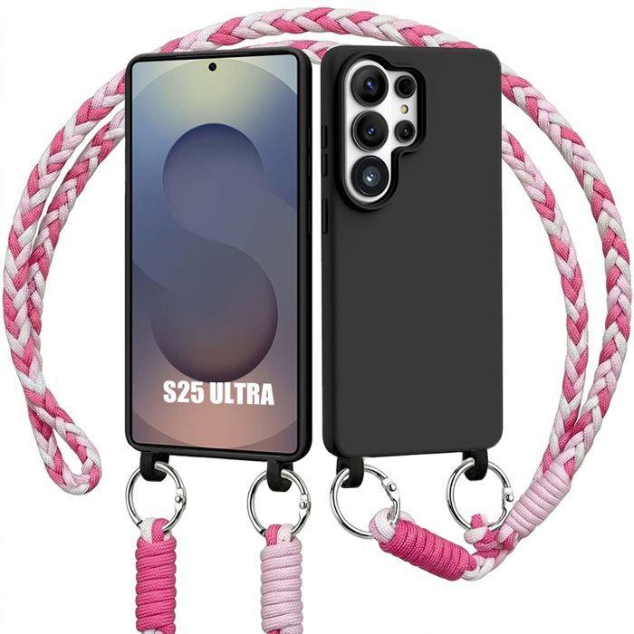 Coque pour Samsung Galaxy S25 Ultra, Silicone Liquide Noire Antichoc Slim avec Cordon Rose Blanc