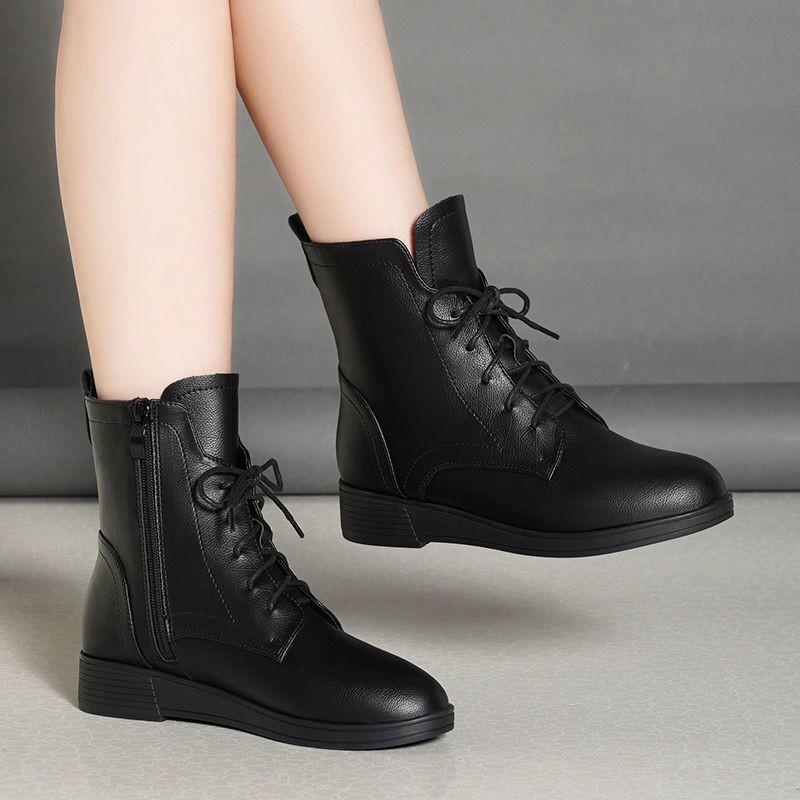 Short boots women's flat bottomed 2026  autumn and winter new cotton shoes with plush British style mid heel lace up boots