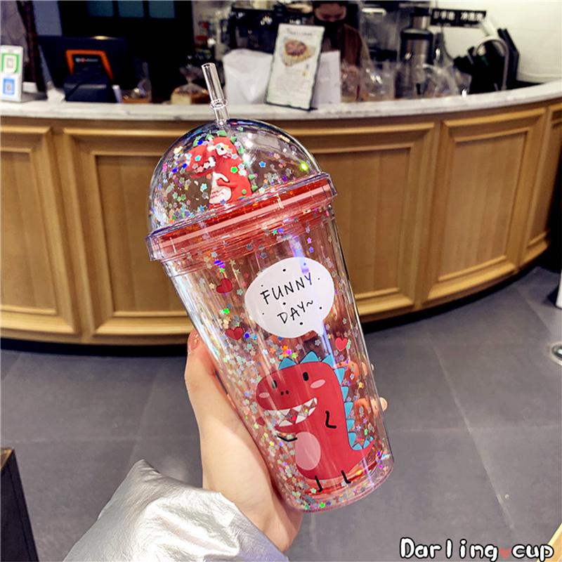 

Милая бутылка для воды с динозавром, мультяшные блестки, бутылки для воды с соломенной крышкой, студенческая кружка для воды, не содержащая BPA, детская бутылка для питья для девочек 430ml красный