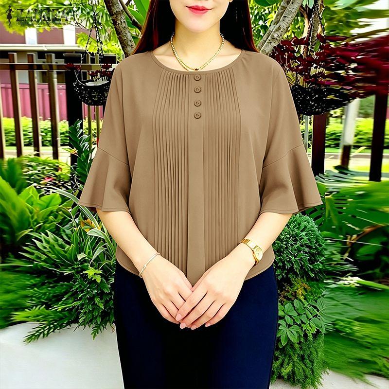 ZANZEA Women Casual Round Neck Solid Color Loose 3/4 Sleeve Blouse