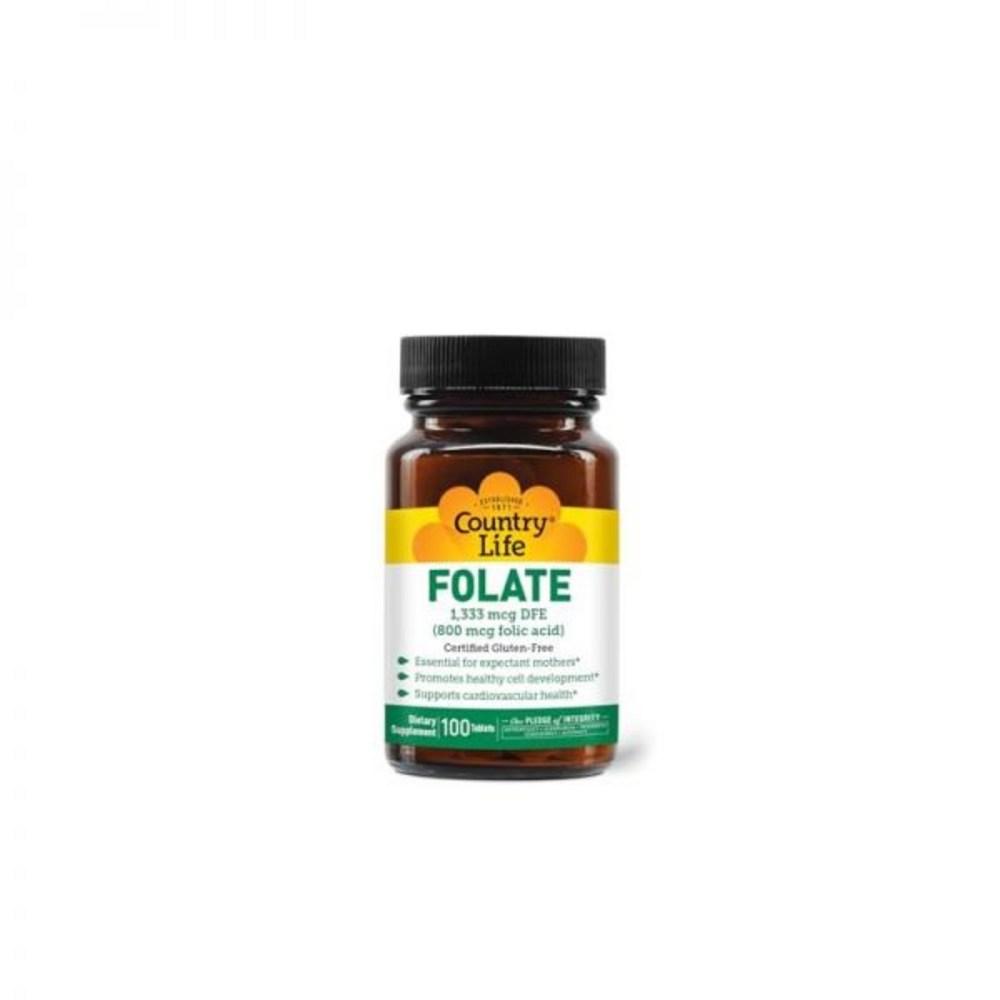 Country Life Folic Acid 800 MCG (Folic Acid) Prenatal Support for Cell Development and Heart 100 Tablets Gluten 1 Pcs