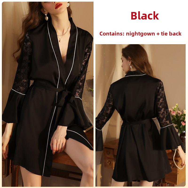 Sexy Nightgown Light Luxury Pajamas Women's Bathrobe Satin Lace Temptation Bridesmaid Clothes Cardigan Loungewear