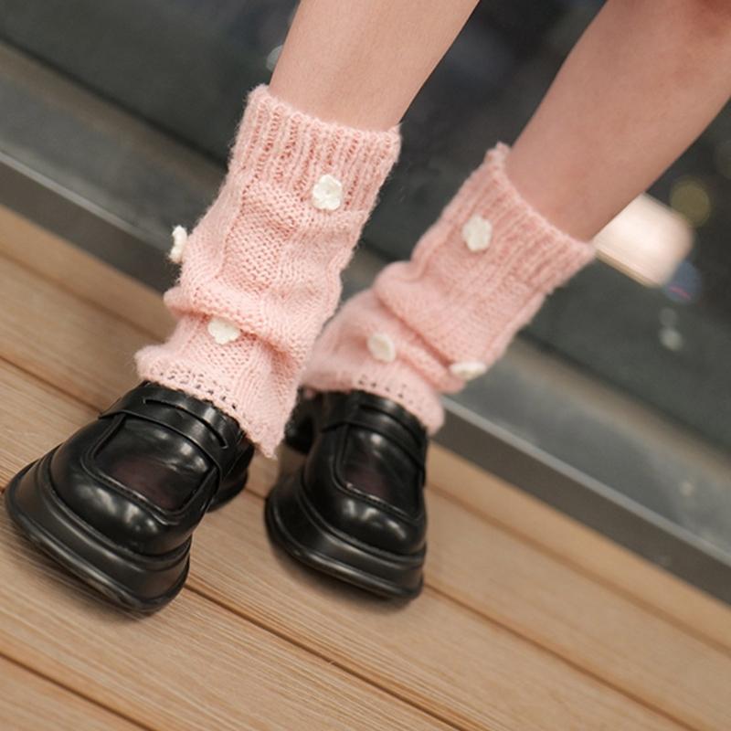 Damen Japanischer Stil JK Häkelstrick Kurze Beinwärmer Socken Einfarbige Süße 3D Florale Lockere Beinabdeckungen Stiefelmanschetten