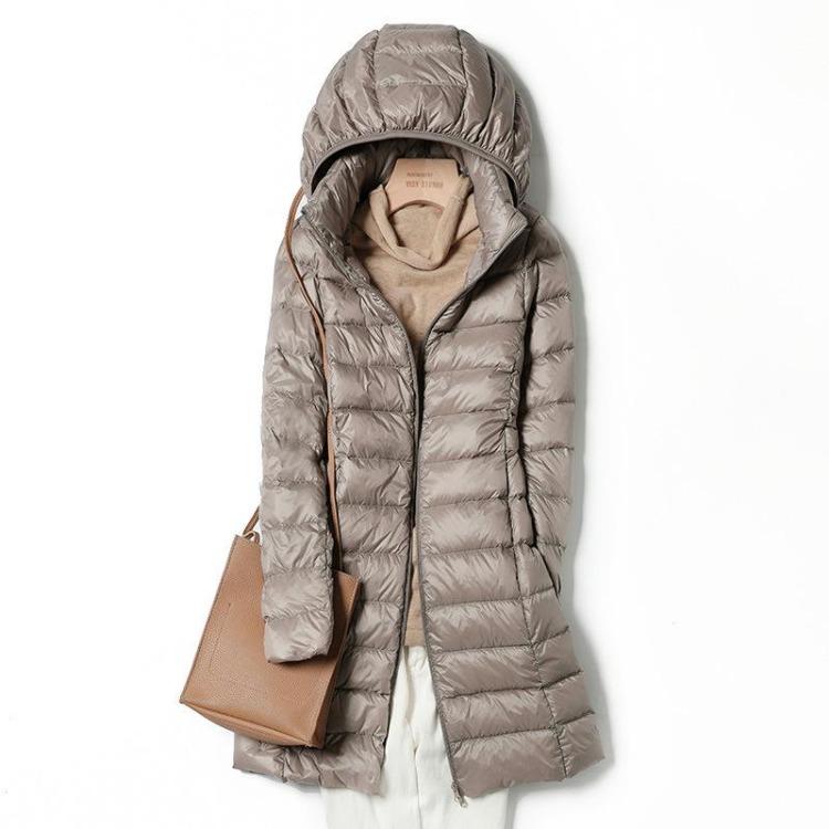 Women Light Down Jacket Long Warm Coat Female Hip Length Overcoat with Portable Storage Bag High Street Ladies Outerwear
