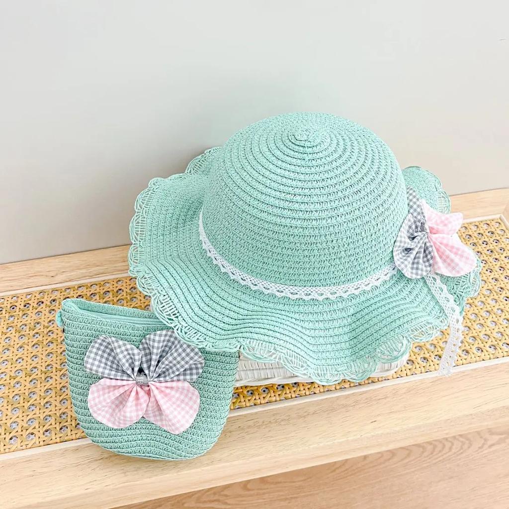 2pcs set Straw Hat And Shoulder Bag Girls Princess Summer Outdoor Fisherman Hats Baby Kids Lace Bowknot Beach Sun Cap Visor