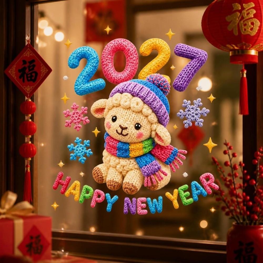 Colorful Happy New Year Window Stickers Large Size 2D Flat Print 2027 Sheep Year Stickers Waterproof Funny