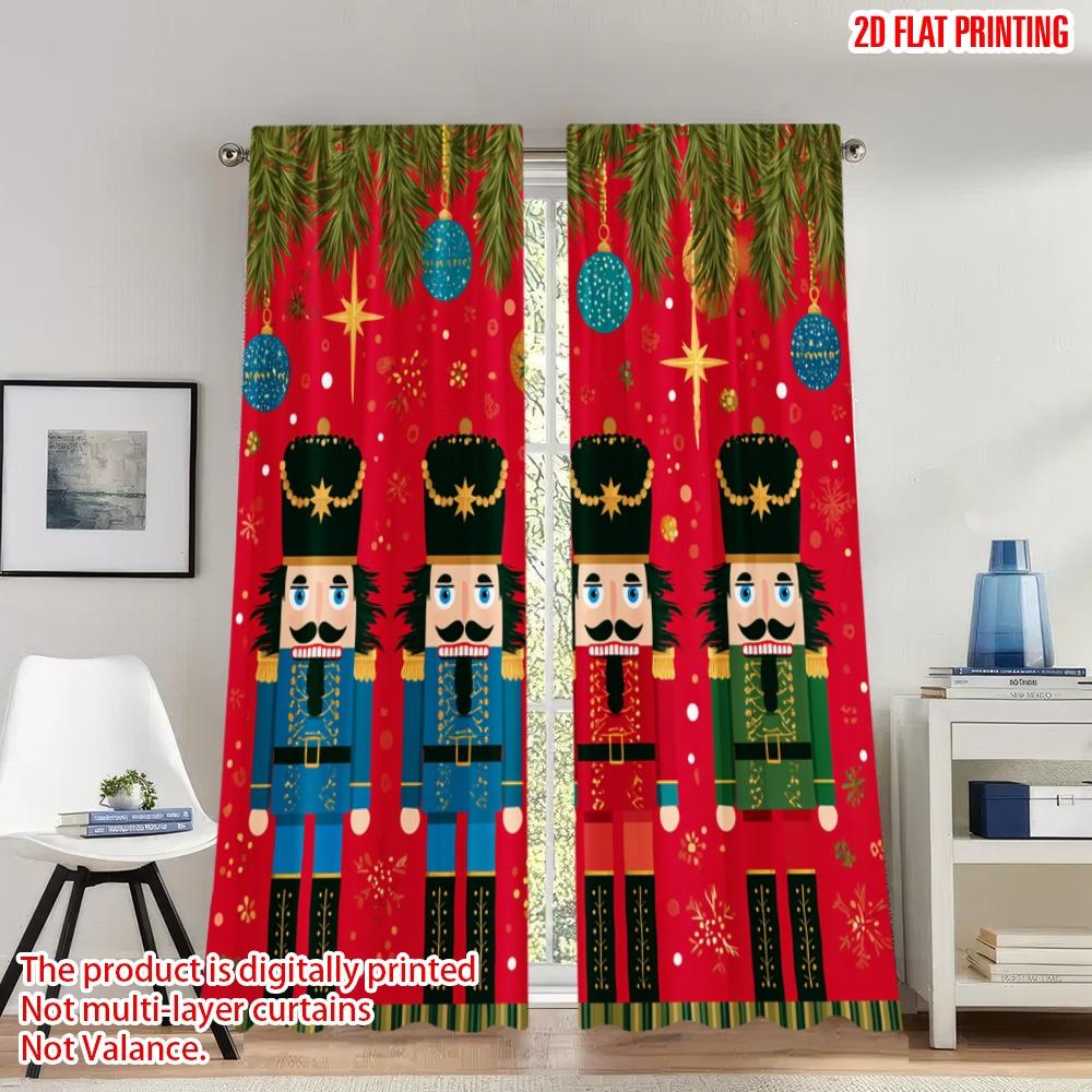 

Set Of 2 Flat Printing Happy Christmas Scene Curtains Nutcracker Soldiers Holiday Digital Printed Polyester Drapes Curtain W100*H70(CM)-Rod Pocket&1PCS