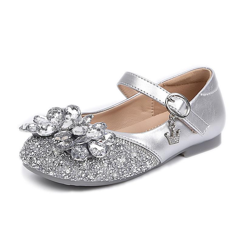 Girls small leather shoes silver princess shoes 2025 new spring children's shoes soft sole women's treasure crystal shoes Elsa