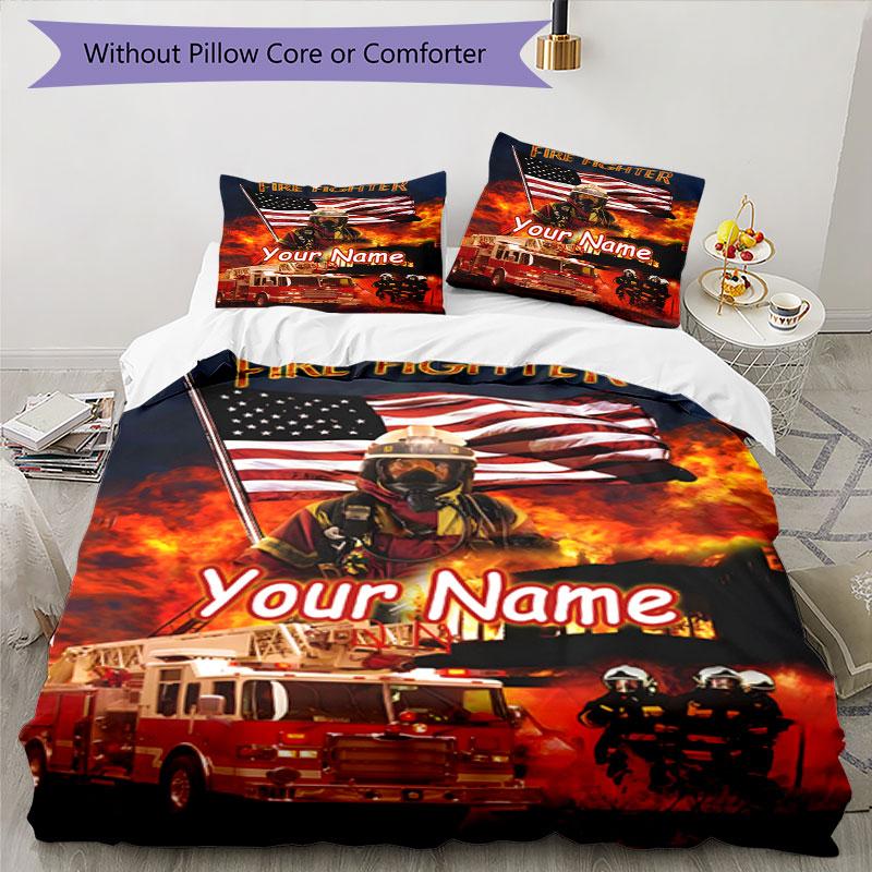 3PC Custom Name Firefighter Poster Bedding Set Duvet Cover Closure Includes 1 Duvet Cover & 2 Pillowcases for Bedroom
