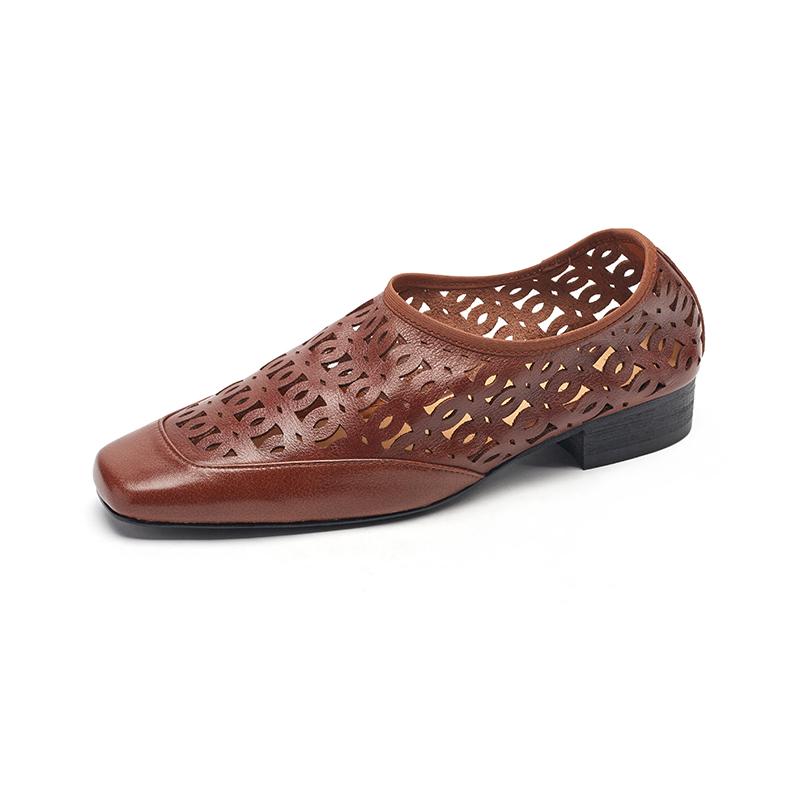 Fashion Design Women Pumps Low Heels Square Toe Genuine Leather Spring Summer Concise Office Lady Working Hollow Out Shoes Woman