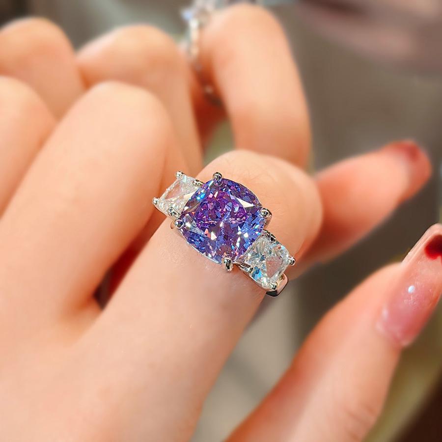 Luxurious Pink Diamond Necklace & Purple Pendant, High Carbon Diamond Earrings, and Ice Flower Cut Ring Gemstone Set for Women