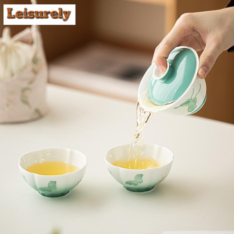 Handbemaltes Schmetterlings-Liebesblumen-Reise-Teegeschirr-Set Kit Japanisch 1 Kanne 2 Tassen Teebereiter Organizer Tragbare Outdoor-Handtasche Geschenk