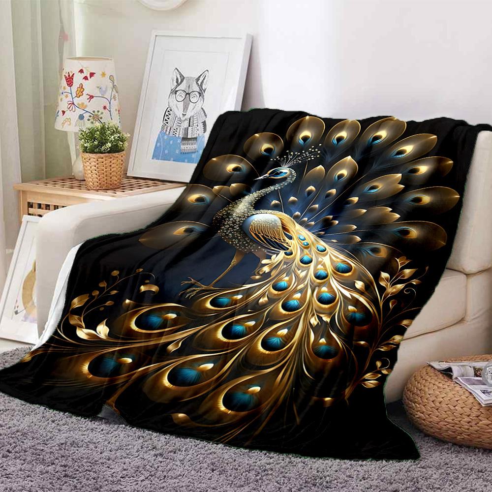 1PC Golden Peacock Feather Blanket, Throw For Sofa, Bed, Travel, Camping, Livingroom, And Bed, Printing Blanket With Soft And Warm Fabric Yy250918154