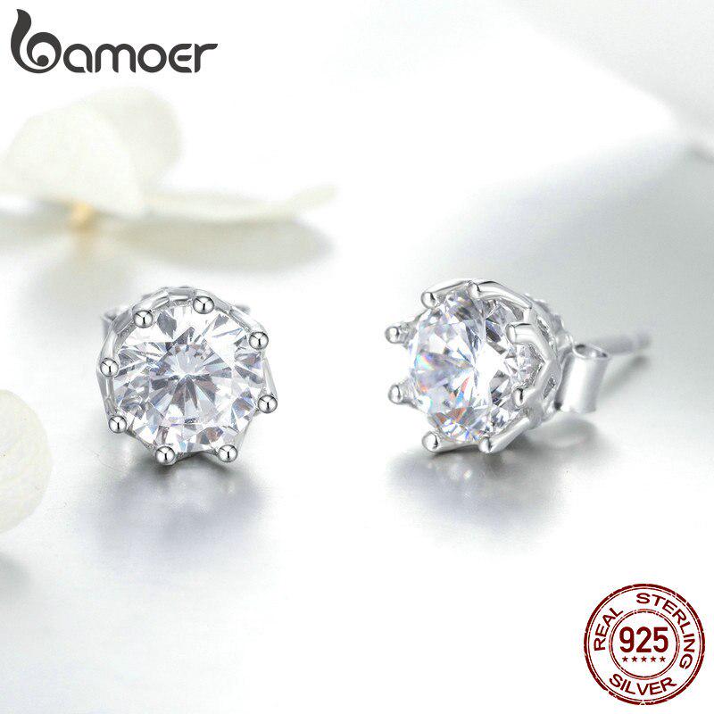 Bamoer Authentic 925 Sterling Silver Classic Clear Cubic Zircon Small Stud Earrings