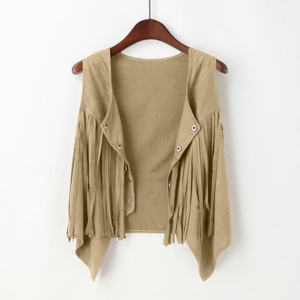 Dames Vest Kort Casual met Franjes en Knopen: Effen kleur, Slim fit, Kraag met halve knoopsluiting