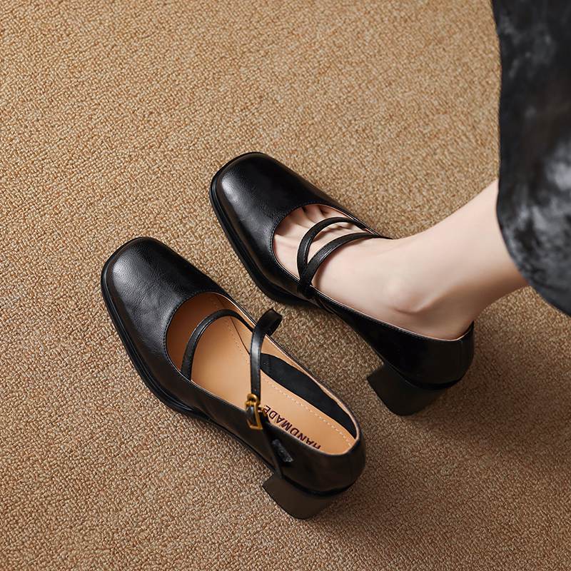 Krazing Pot Sheepskin Round Toe Size 41 Chunky High Heels Buckle Straps Vintage Autumn Pumps