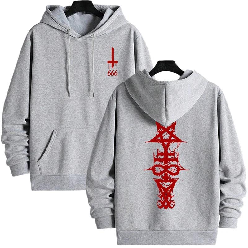 Mens Gothic Hoodie Satanic Symbol Print Street Fashion Warm Pullover Unisex Oversized Sweatshirt Outerwear Autumn Winter Outwear