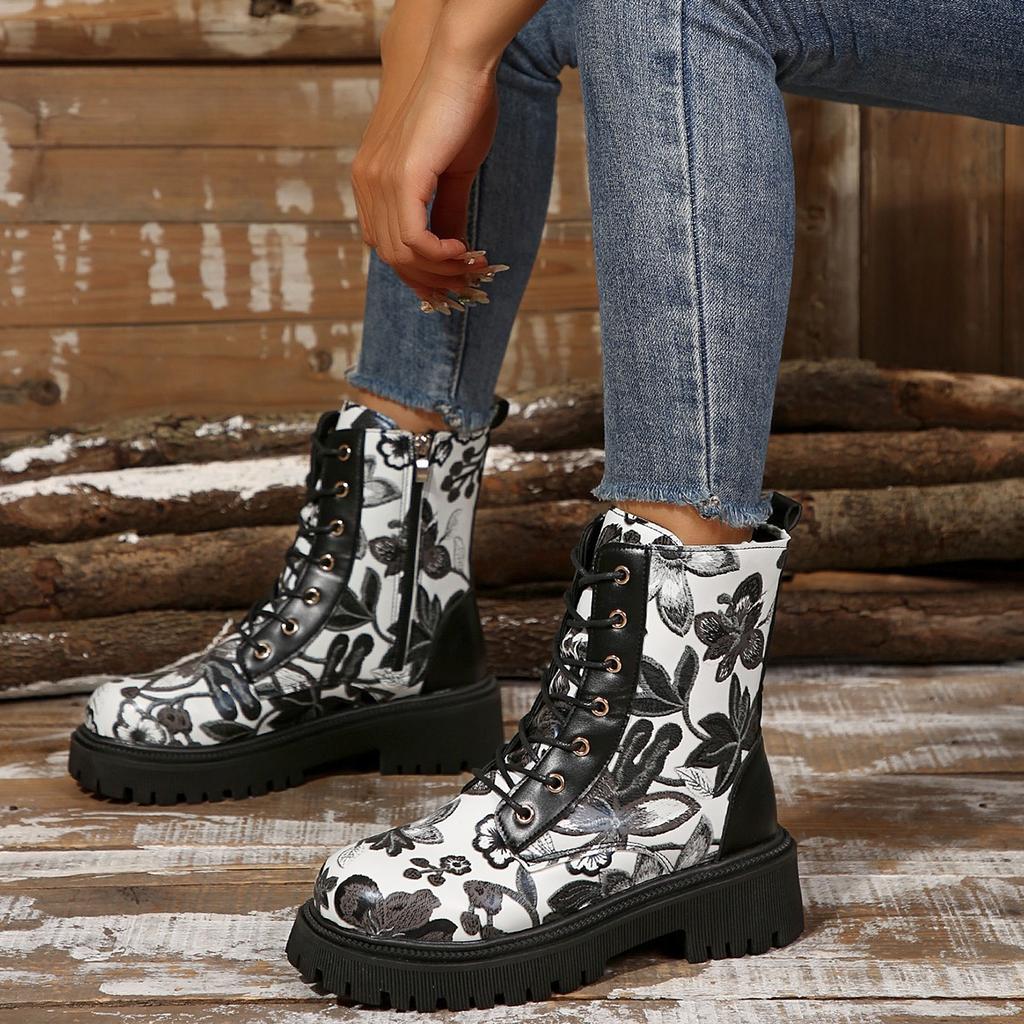 Fashion 2025 Autumn New Color Blocked Fashion Ankle Boots Women's Printed Graffiti  Side Zipper Thick Heeled Women Shoes Platform Botine
