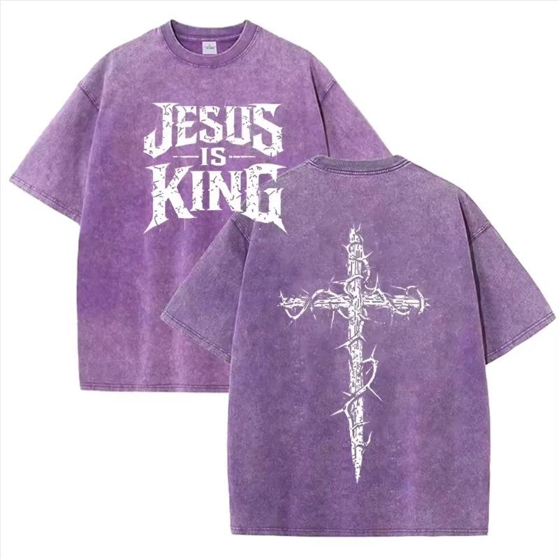 Asian Size Jesus Is King Cross Graphic Washed T Shirt Vintage Distressed Oversized Short Sleeve Streetwear Tee