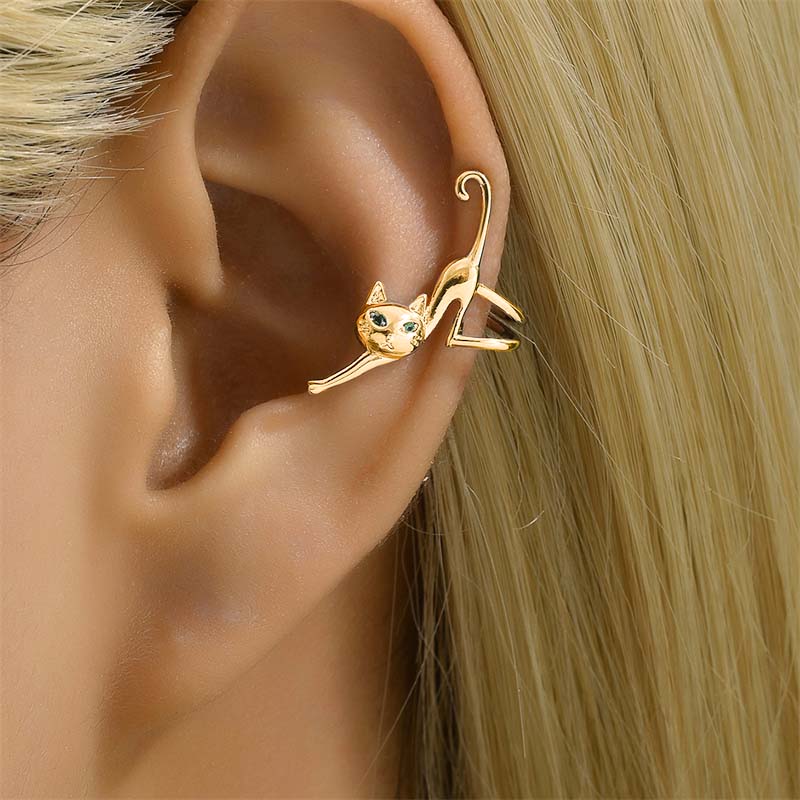 1 Stück Lustiger Kletternde Katze Clip Ohrring für Frauen Niedliches Tier Grünes Auge Kätzchen Frosch Ohne Piercing Ohrknorpel Ohrring Party Schmuck