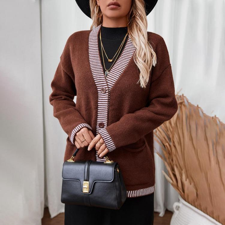 Vintage Autumn Winter Knitwear Cardigan Loose Long Sleeve V Neck Solid Color Sweater Top