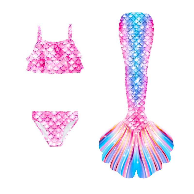 3Pcs Girls Mermaid Tail Swimsuit Children Memaid Swimwear Bikini Bathing Suit Halloween Costume Princess Beach Party Clothing
