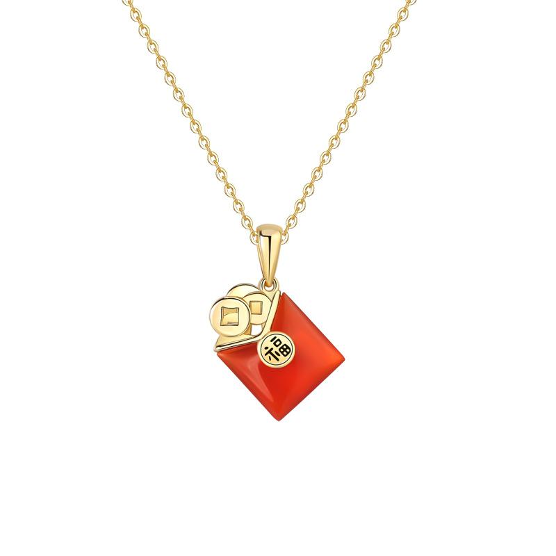 Chinese Style S925 Sterling Silver Necklace for Women with Red Agate Lucky Money Pendant 925 Silver