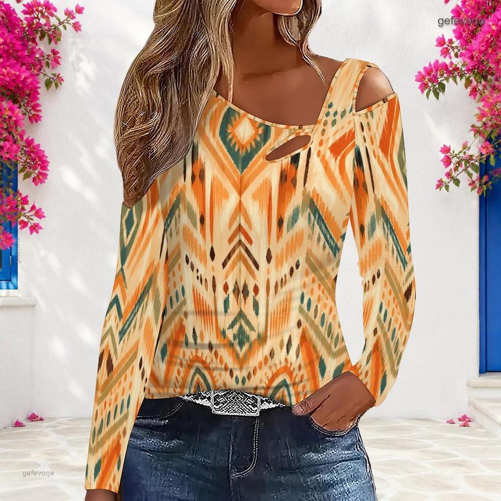 Women Plus Size White Blue Floral Paisley Printed Asymmetric Cutout Neck Cold Shoulder Long Sleeve Fitted Blouse