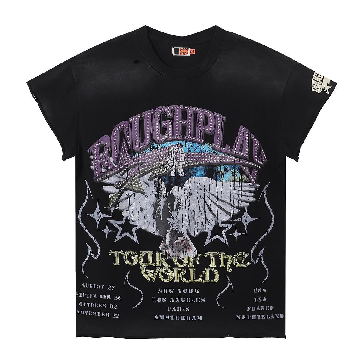 

Tour of the World Rhinestone T-Shirt, Vintage Washed Eagle Graphic Streetwear Tee S